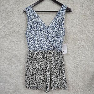 Lands End Swimsuit Skirted One Piece Womens 18W Blue Black Floral V-Neck Modest
